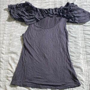 Dark Gray women’s sleeveless top with cutout on chest & ruffle neckline